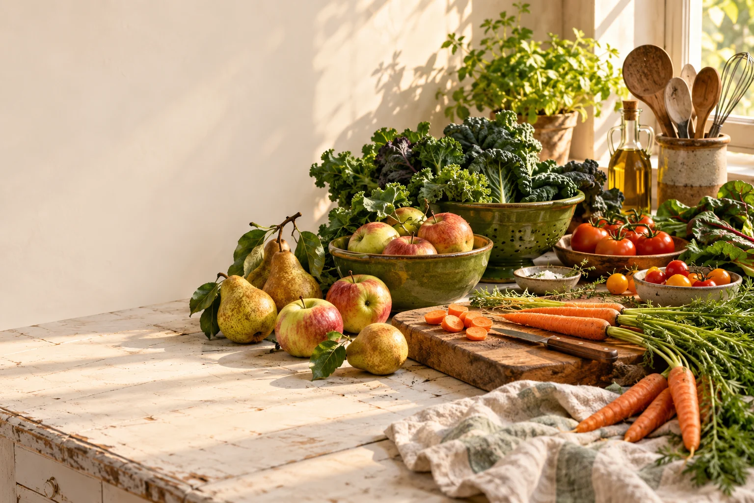 Illustrative kitchen scene with fresh vegetables, fruit and a wooden chopping board